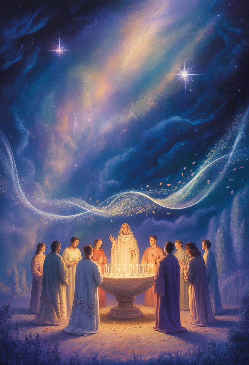 People gathered around a glowing stone altar during an Easter Vigil ceremony under a starry night sky with beams of light and floating petals.