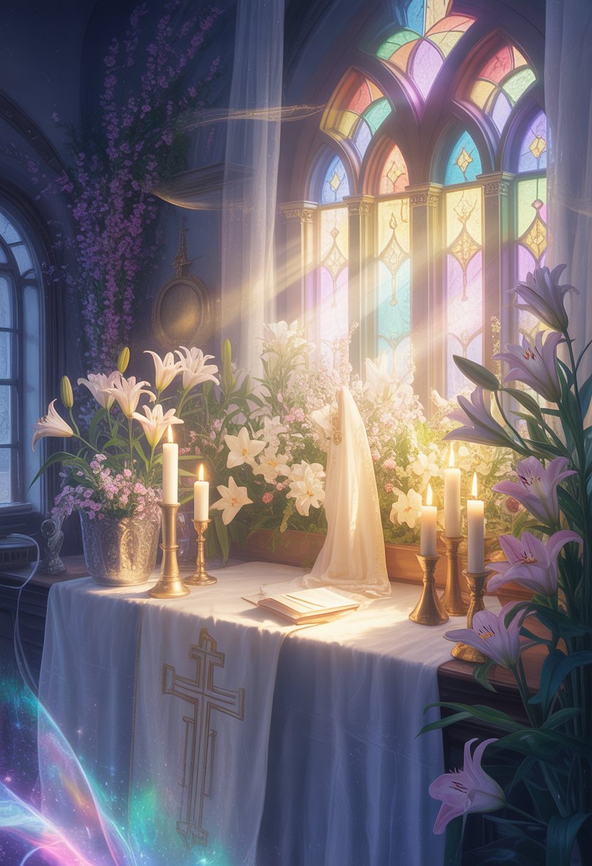 A peaceful home interior with an altar decorated with lilies and candles, glowing softly with spiritual light and colorful patterns from stained glass windows.