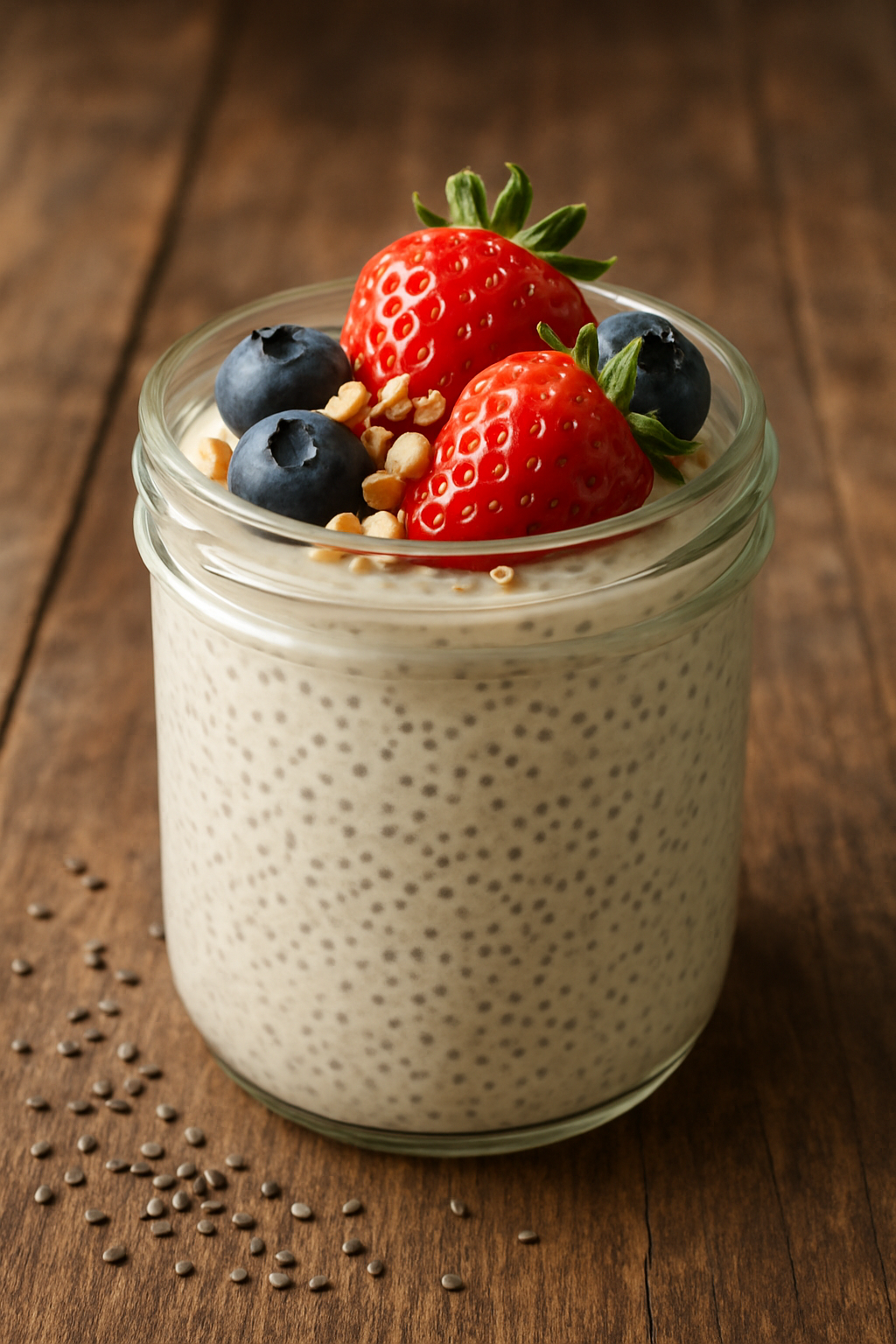 Creamy vanilla chia seed pudding in a jar topped with fresh berries and nuts on a wooden table.