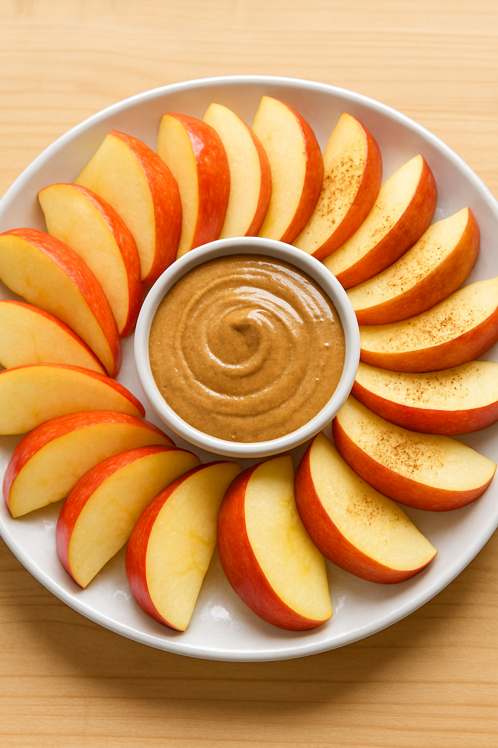 Apple slices with almond butter on a plate, garnished with cinnamon, on a wooden table.
