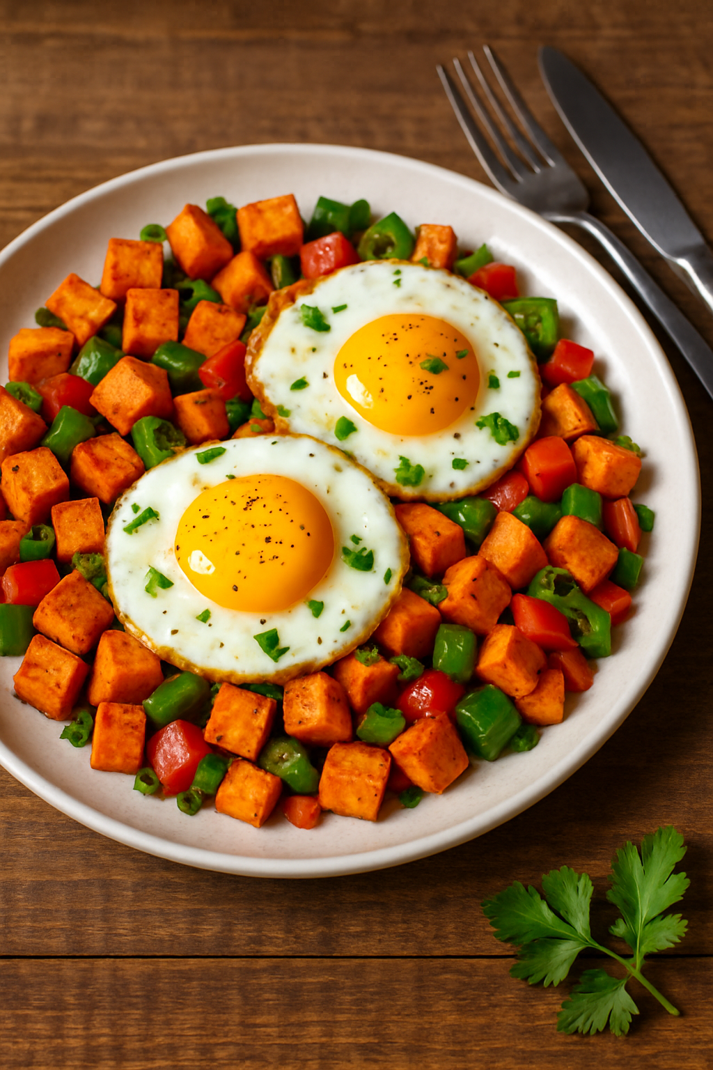 A hearty breakfast plate with roasted sweet potato and egg hash, topped with sunny-side-up eggs and garnished with parsley.