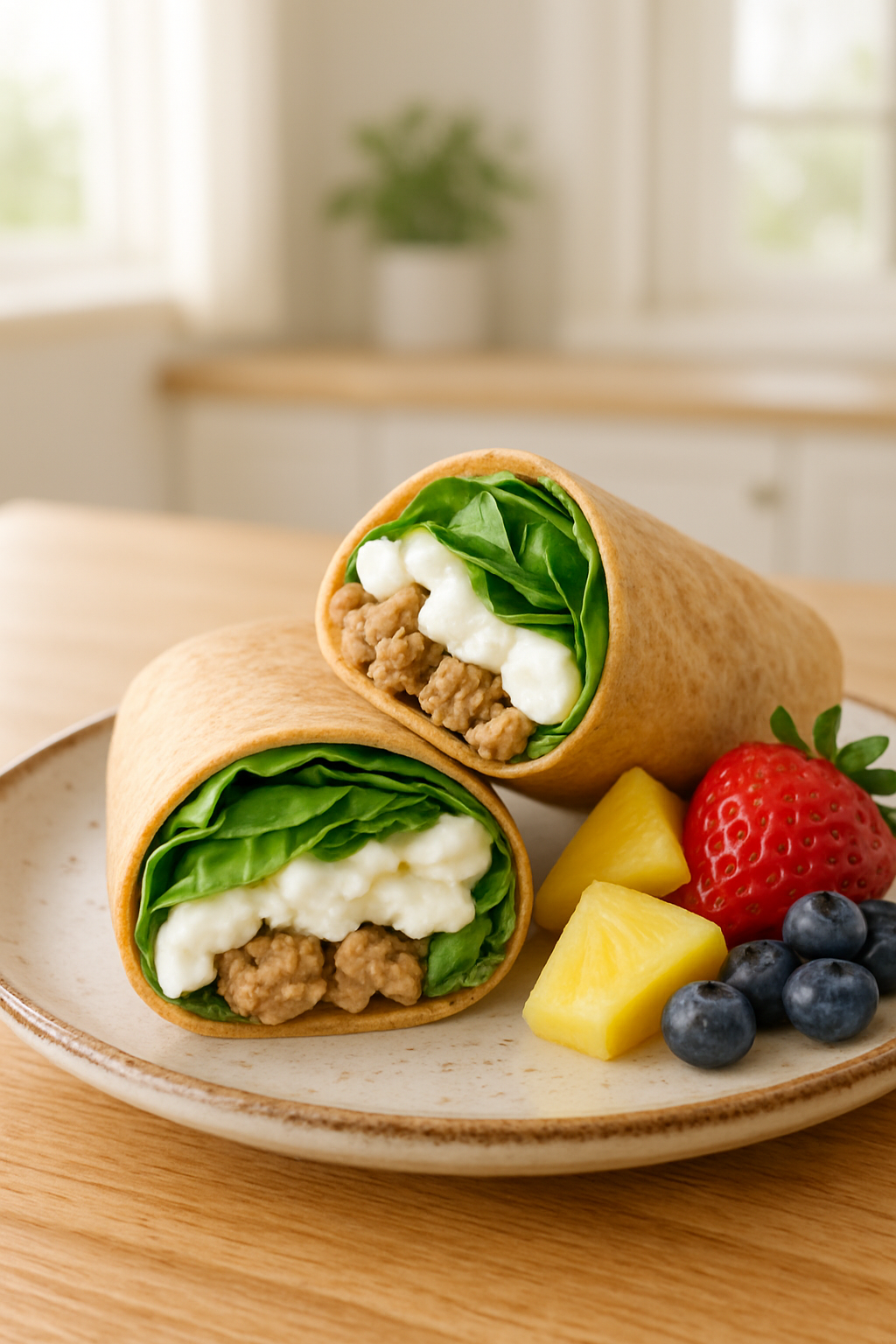 Turkey sausage and egg white breakfast wrap cut in half, served with fresh fruit on a rustic plate.