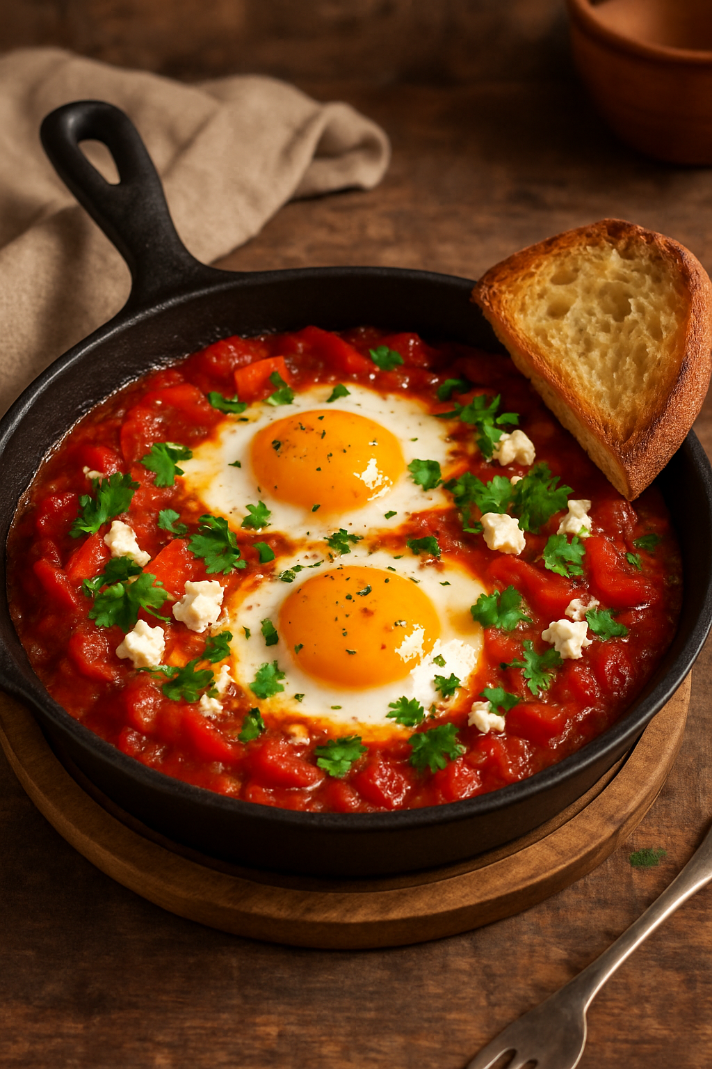 Single-serve shakshuka with poached eggs in tomato sauce, garnished with parsley and feta, served with bread.