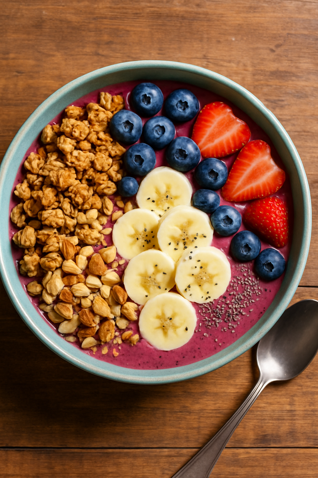 A colorful nutty berry smoothie bowl topped with granola, nuts, and fresh fruit on a wooden table.