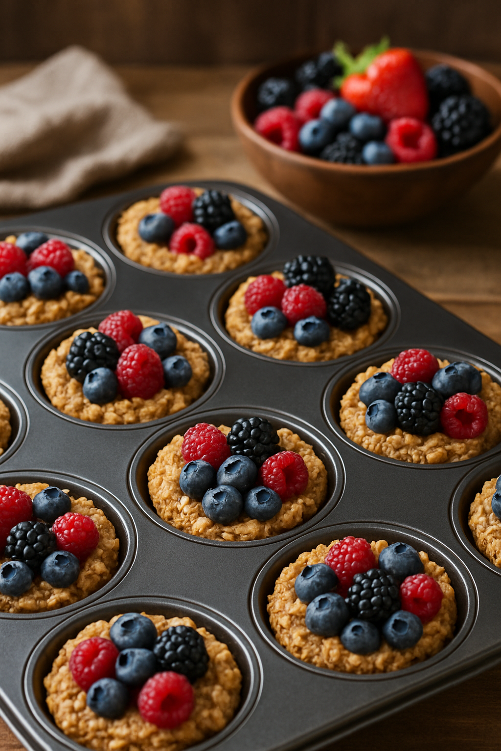A tray of healthy baked oatmeal cups topped with berries, set on a rustic kitchen table.