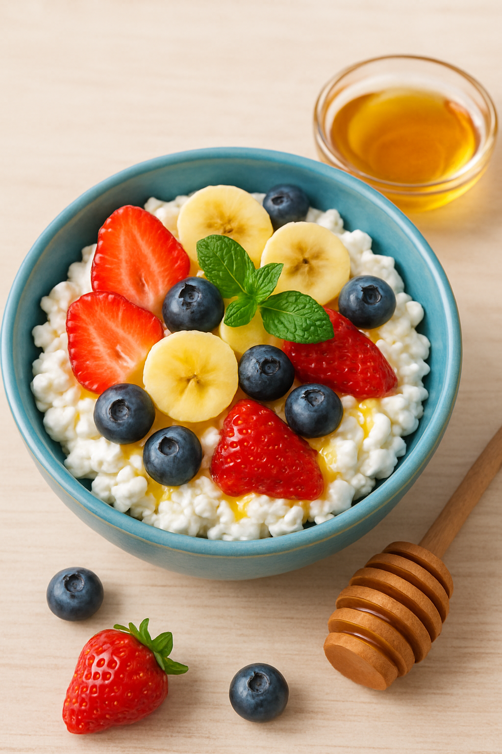 A bowl of cottage cheese topped with fresh fruits like strawberries and bananas, garnished with honey and mint.