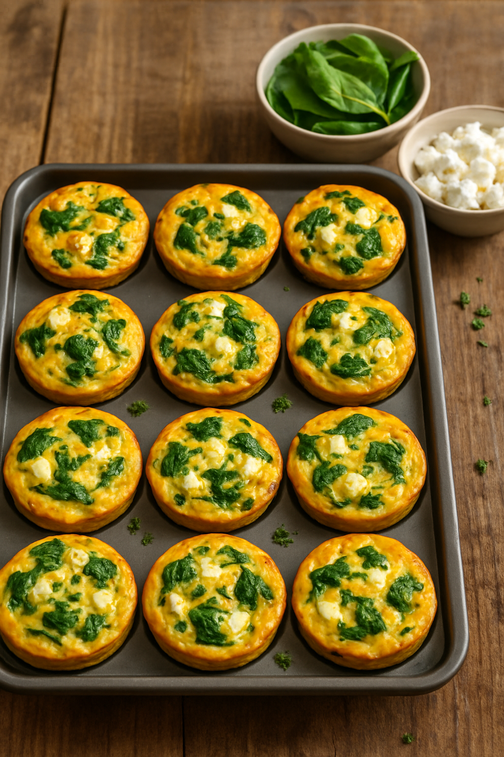 Savory spinach and feta egg muffins on a wooden tray, garnished with herbs.