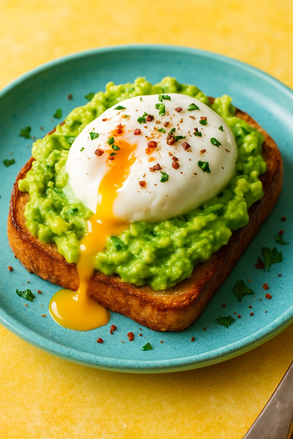 Avocado toast with poached egg, garnished with red pepper flakes and herbs on a plate.