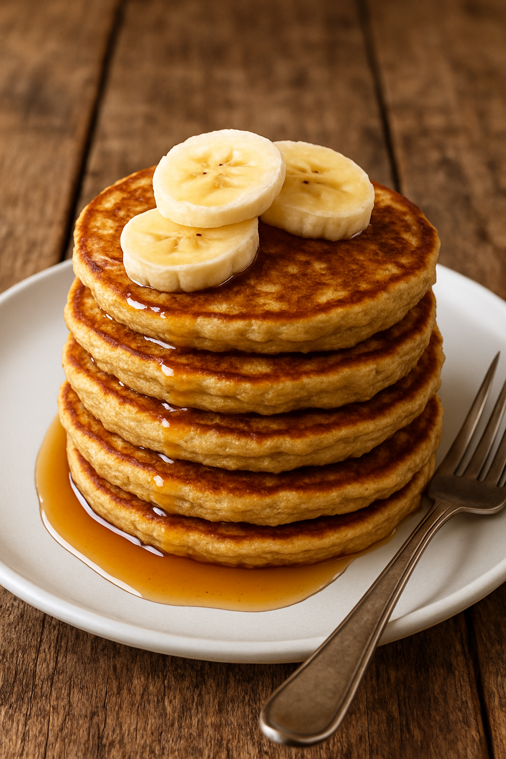 Flourless banana oat pancakes topped with banana slices and maple syrup on a rustic table.