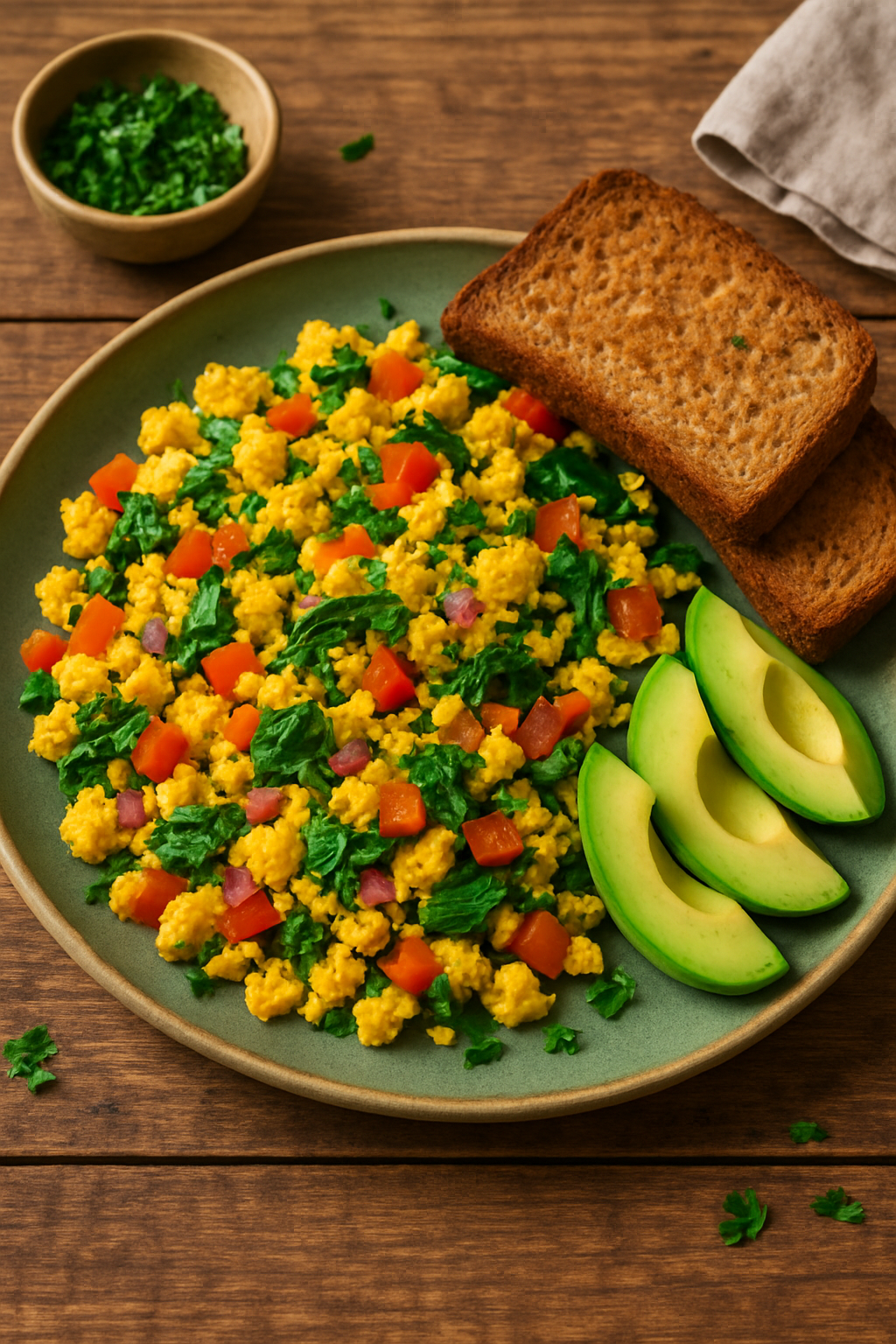 A colorful tofu scramble with bell peppers and spinach on a plate, accompanied by toast and avocado.