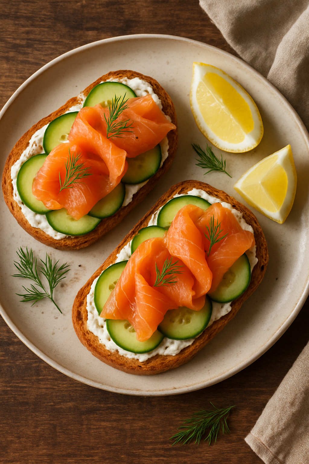 Smoked salmon and cucumber toast on whole grain bread, garnished with dill and lemon, served on a wooden table.