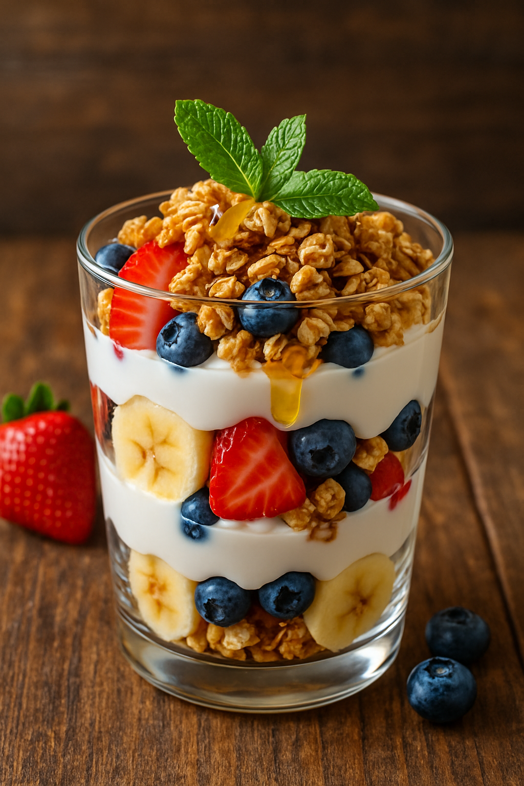 A layered Greek yogurt parfait with fruits and granola in a glass, garnished with mint.